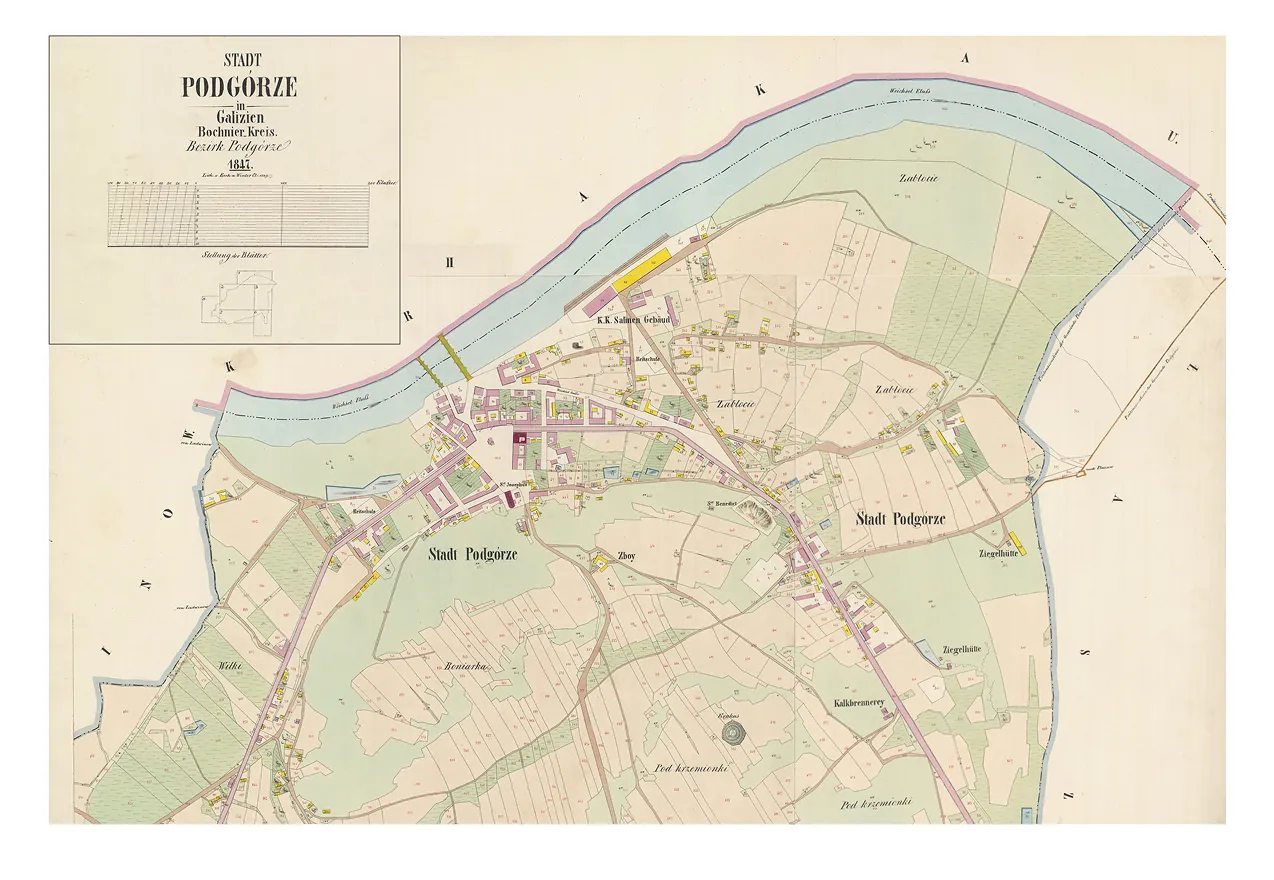 „Nowy C.K. Skład Solny” – żółty obiekt na planie, obok starego składu. Fragment planu katastralnego Podgórza- Stadt Podgórze in Galizien, Bochnier Kreis, Bezirk Podgórze, 1847r. (ANK, 29/280/1323).